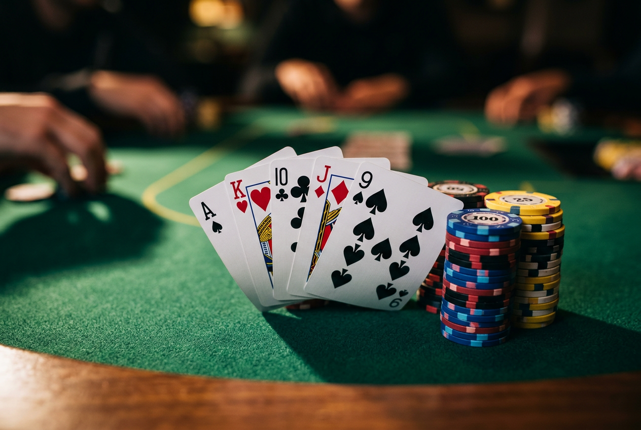 Detailní záběr na pokerové žetony a fénované karty na zeleném plátně